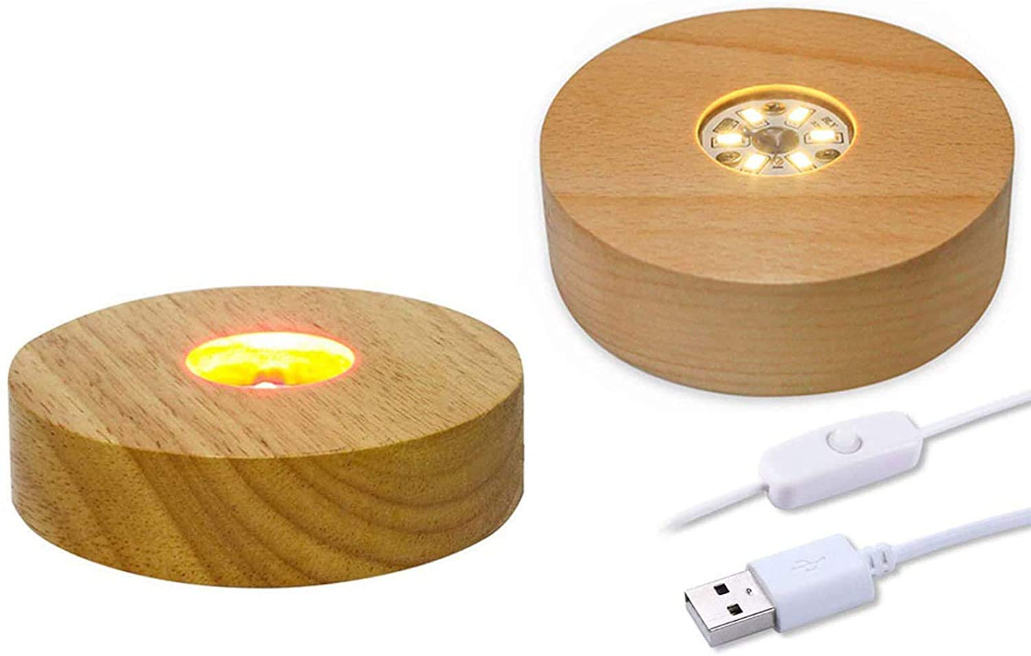 CDIYTOOL Wooden LED Light Base, Round LED Light Dispaly Base Plate Colorful + Warm Light Desktop Display Stand Ornament Powered by USB for Crystal Ball Jewelry Glass Resin Art Vase Acrylic