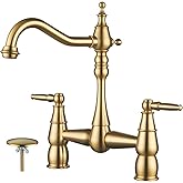 Bridge Centerset Faucet for Kitchen Sink, 2 Hole Brass Kitchen Faucet with 360° Swivel Tap, Deck Mount 2 Handle 8 Inch Vintag