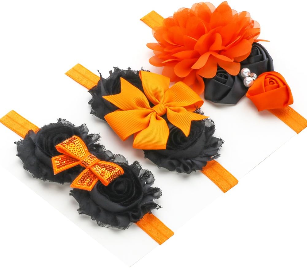 Lovemyangel Newborn Baby Halloween Headband Hair Bows for Girls Orange Sequins - Pack of 3 (Orange Chiffon set)