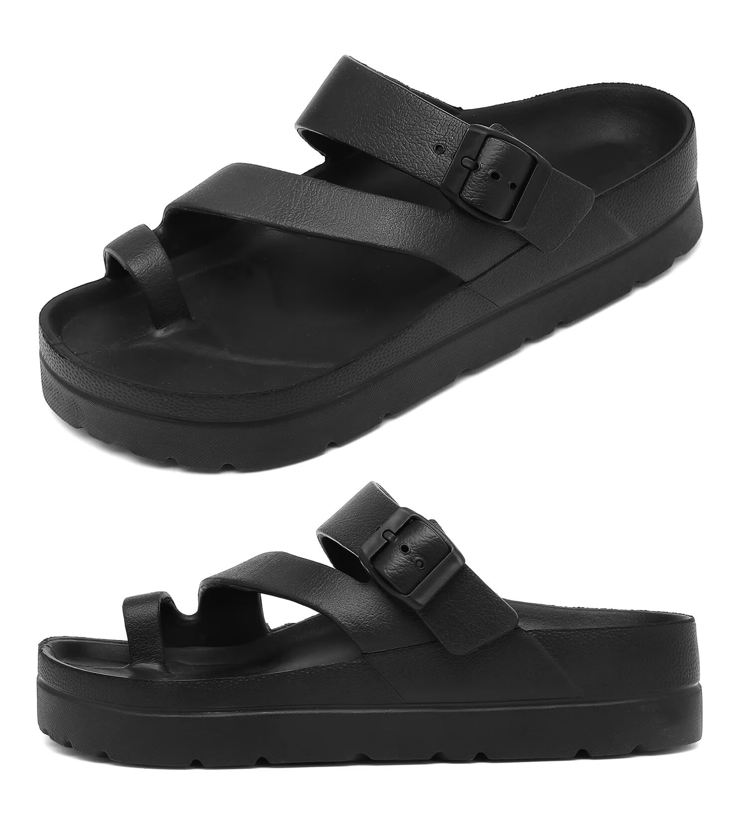Photo 1 of 7---Womens Black Platform Sandals with Arch Support, EVA Flip Flops with Clip Toe Ring Straps, Fashion Comfort Lightweight Slides