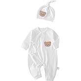 Ganwawo Baby Ribbed Romper and Hat Set with Bear Applique, 100% Cotton Infant Bodysuit, White, Long Sleeve