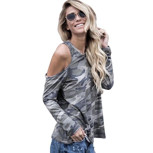 TWIFER 2018 Frühling Damen Cold Shoulder Camouflage Langarm Shirt Bluse Oberteile