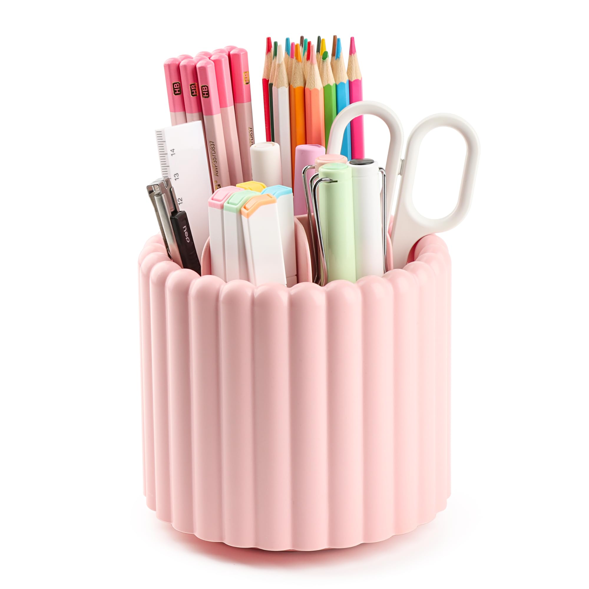 Photo 1 of Sallurna Desk Organizer, 360° Rotating Pen Holder for Desk, Pencil Cup with 7 Compartments Storage Box Caddy for Kids, Office, School, Home (Pink)