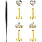 Zolure 16G Internal Thread Earrings Studs Flat Back CZ Piercing Jewelry Tragus Cartilage Labret Helix Lip Ring Conch Medusa