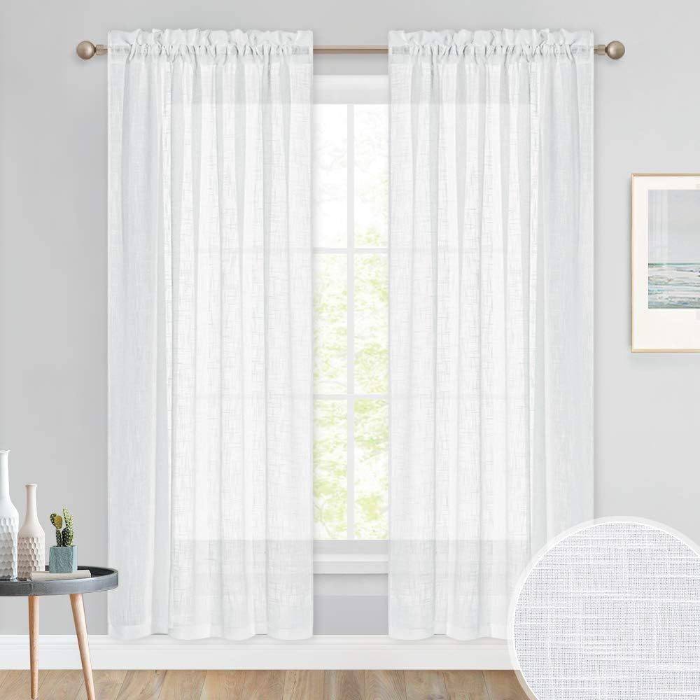 PONY DANCE Linen Look White Voile Curtains, White Net Curtains 72 inches drop for Bedroom/Living Room/Kitchen