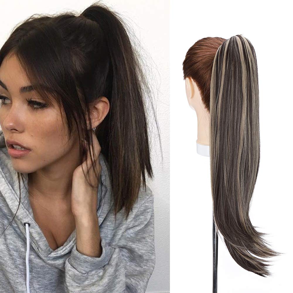 22inch Long Curly Ponytail Extension Jaw Claw on Pony Tail Clip In Hair Extensions Wavy Hairpiece #Dark Brown & Ash Blonde