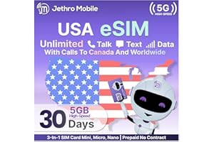 USA Travel eSIM (Uses T-Mobile), Unlimited Talk, Text, Data & Max 5GB High-Speed Data, Quick Activation, Reloadable, Easy to 