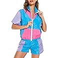 Yisfri Women's Color Block Windbreaker 2 Piece Outfits Short Sleeve Zip Front Elastic Waist Tracksuit Set
