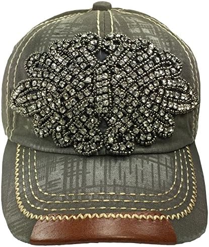 Women's Olive Baseball Distressed Cap Major Bling Hat With Big Rhinestone Crystal