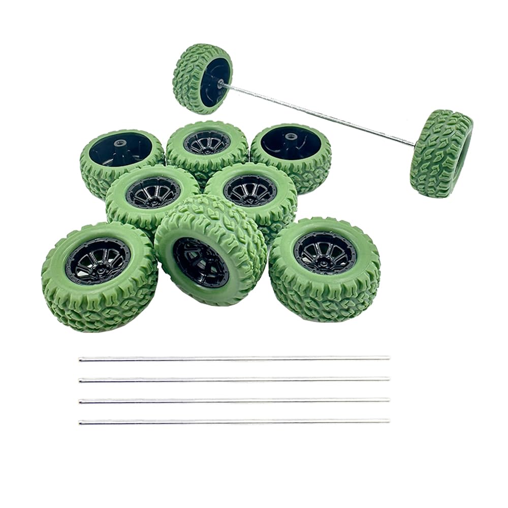 Photo 1 of 10PCS Toy Car Wheel RC Car Rubber Tire Wheel with 5PCS Shaft Round Rod Axles for RC Car Truck Robot DIY Model Toy Wheel Parts (2x33mm Green)