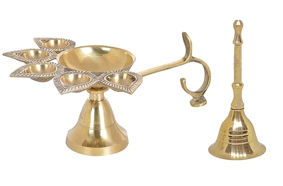Prime Pure Brass Panch Deepak Aarti Oil Lamp with Brass Pooja Bell Set of 2