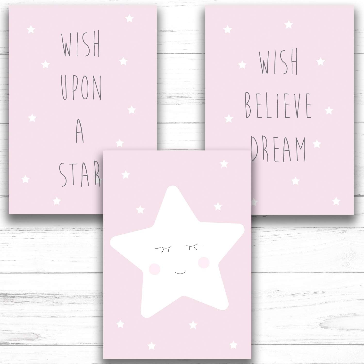 Fabian Roo 3pc Hand Drawn Nursery Décor - Adorable A4 Card Prints - Optional Wooden Frames Available! (26 - Wish Upon A Star (Pink), A4 Card Print)