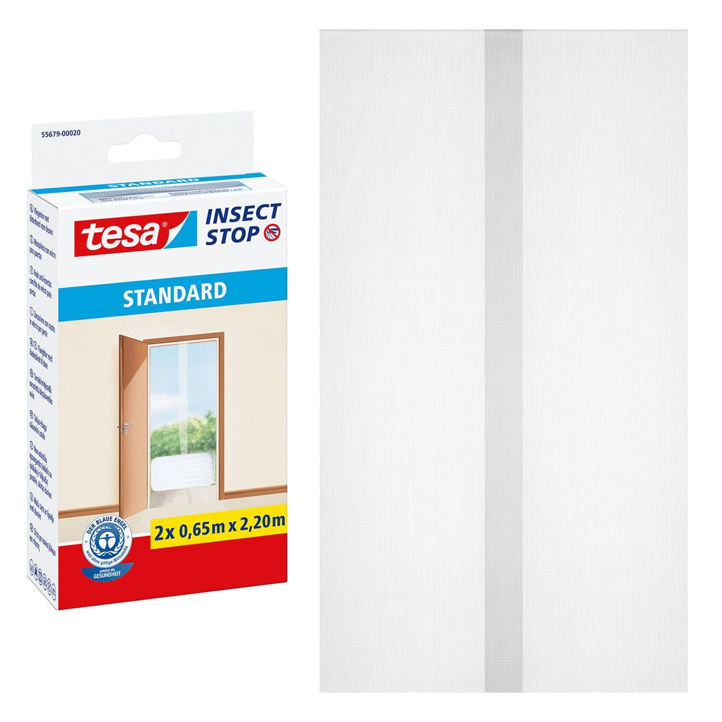 tesa® Insect Stop Hook & Loop Standard for Doors, Insect Screen - easy to mount, white, 2x 65cm x 220cm