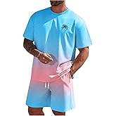 RoseSeek Men's Short Sets 2 Piece Outfits Tropical Graphic Tees and Shorts Sets Beach Vacation Outfits