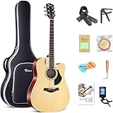 Rosen Solid Top Dreadnought Acoustic Guitar 41 Inches Spruce Guitar Beginner Bundle with Book, Padded Bag, Strings, Picks, Tu