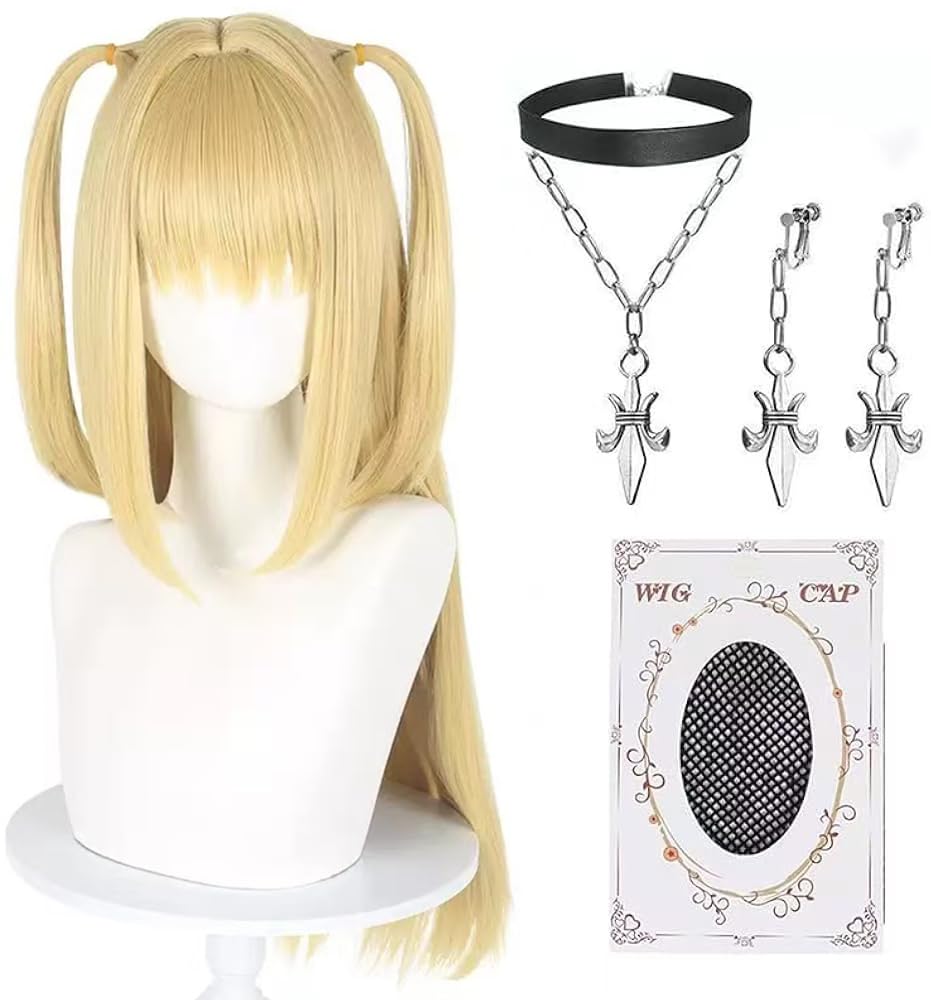 Photo 1 of Aqnhec Misa Amane Cosplay Wig+Necklaces+Earrings Blonde Anime Wig Long Straight Wig with Cap for Halloween