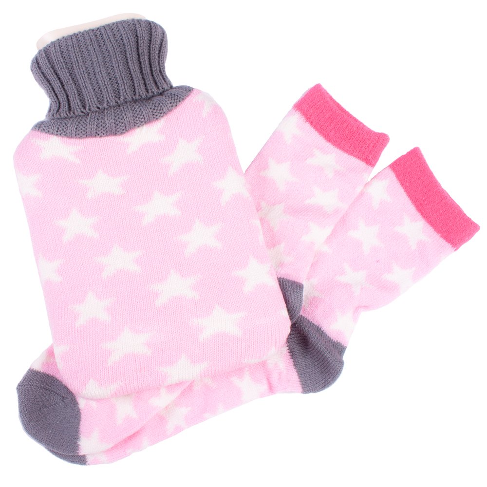 Ladies Hot Water Bottle & Socks Set Matching Soft Gift Set (Pink Stars