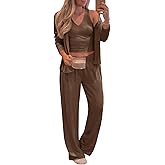 Tankaneo Womens 3 Piece Pajama Set Long Sleeve Shirts V Neck Tank Top Wide Leg Pants Sweatsuit Lounge Sets 2025