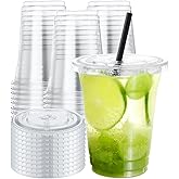NEEBAKE 150 Sets 12 oz Clear Plastic Cups With Lids - Disposable Party Cups for Ice Coffee, Smoothie, Cold Drinks
