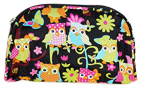 World Traveler Black Multicolor Owls Cosmetic Makeup Bag 9-inch