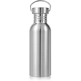 Volhoply 22oz Uninsulated Single Walled Water Bottle, Stainless Steel Reusable Water Bottles with Handle, BPA Free & Plastic Free 18/8 304 Metal Water Bottles for Camping, Hikers, Cyclists