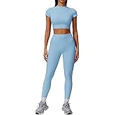 Women’s 2 Piece Workout Set – Short Sleeve Crop Top & High Waist Leggings – Athletic Yoga Outfit Activewear