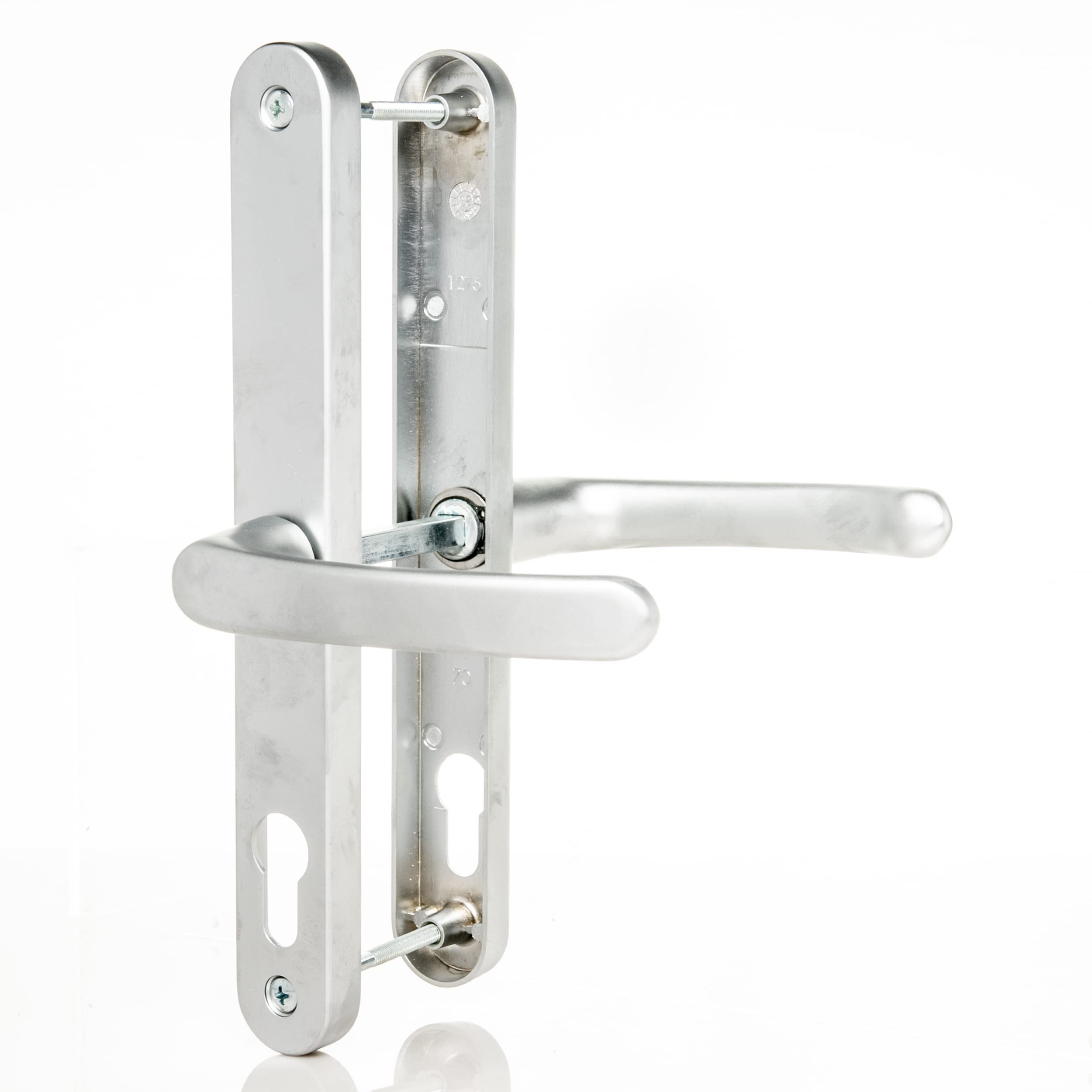 70mm PZ UPVC Door Handles Set Suits Cego Locks - Satin Silver - Lever/Lever - 70mm PZ (Centres) - 215mm Screw to Screw - Backplate 245mm X 32mm - UPVC Door Handle - Silver Replacement PVC Door Handle