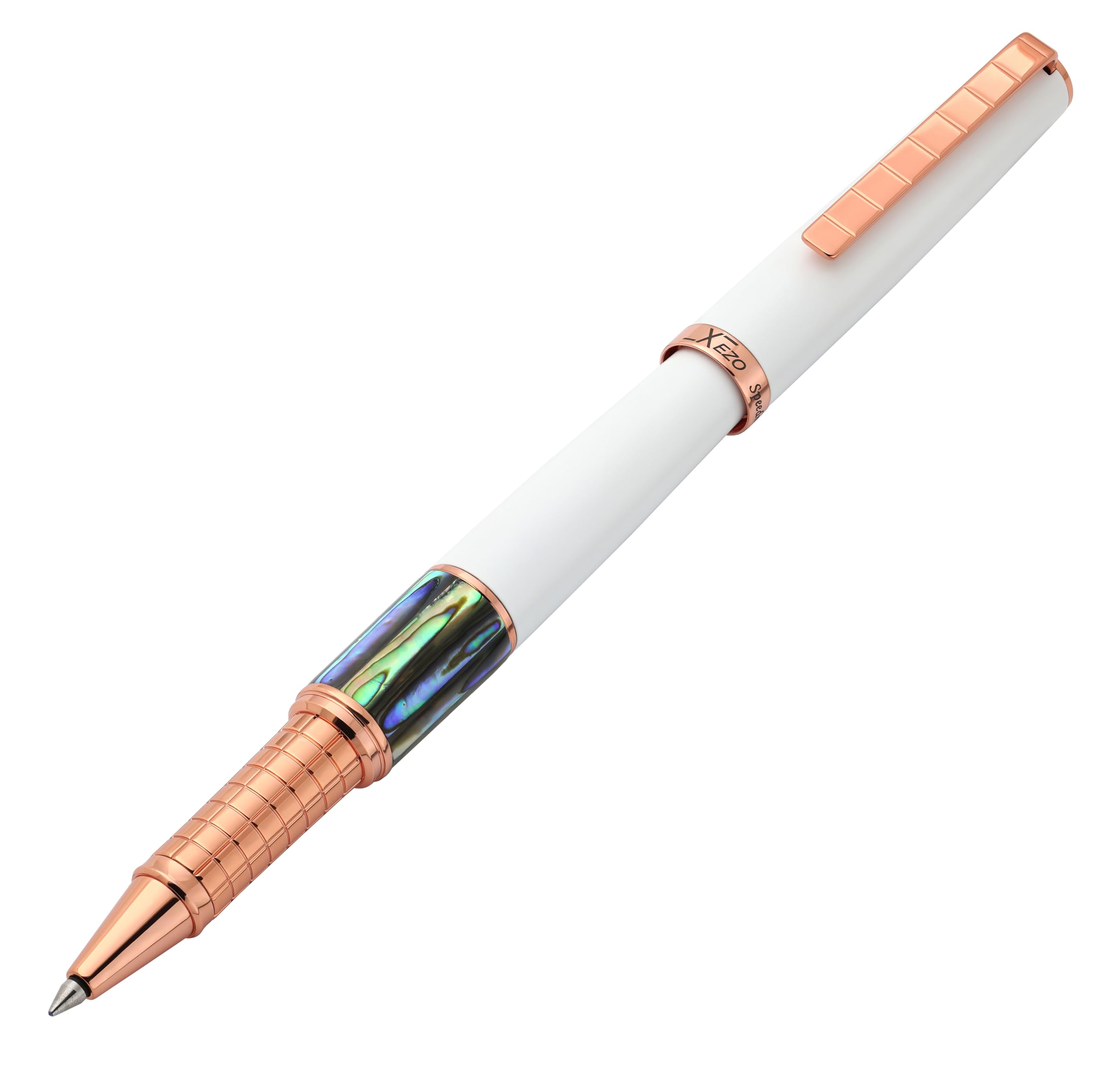 Xezo Speed Master Fine Rollerball Pen. Matte White with Pāua Abalone Sea Shell. Rose Gold Plated. Lightweight Brass Body. No Two Alike