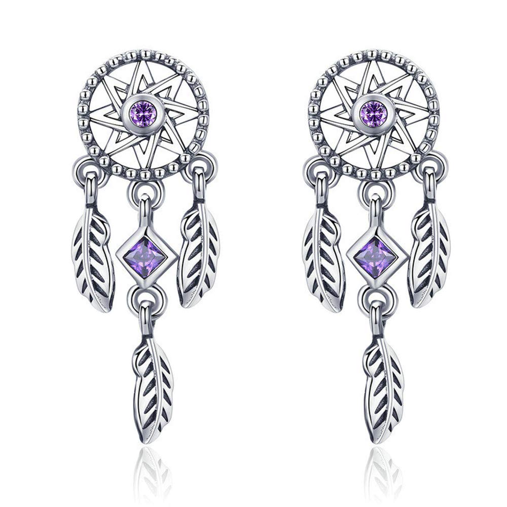 NewL 925 Sterling Silver Vintage Dream Catcher Drop Earrings for Women Purple Cubic Zircon Sterling Silver Jewelry
