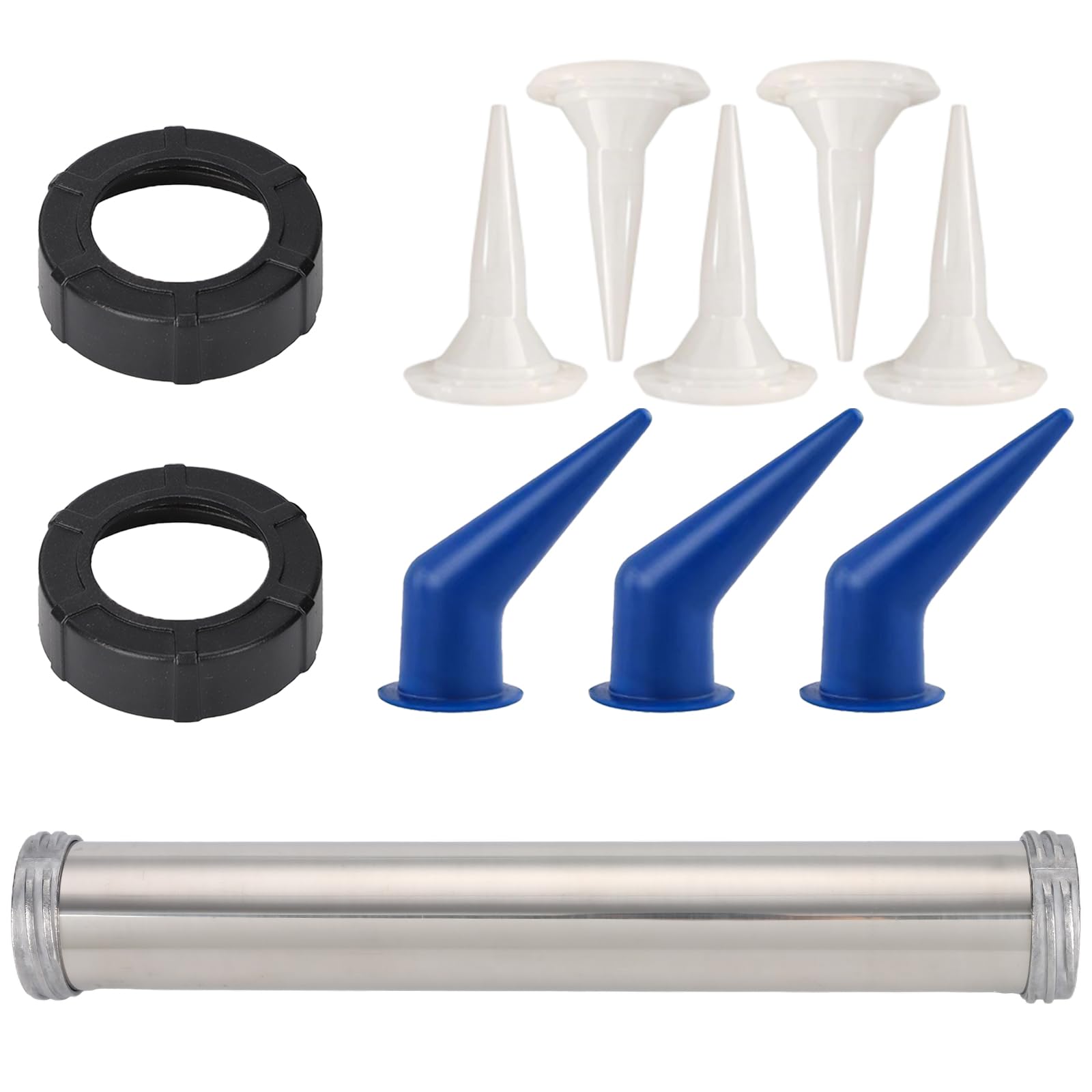Photo 1 of 11 PCS Sausage Caulking Gun Tube and Nozzle Kits,Replaceable Body Barrel with Aluminum Front Cap,Cone Nozzles and Bent Tips,Ideal for 20 oz Sausage Caulk Gun Parts and Accessories