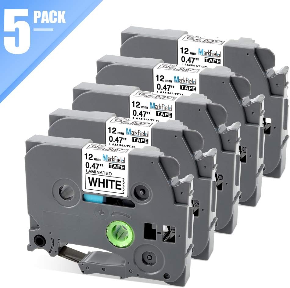 MarkField Compatible Label Tape Replacement for Brother Label Printer Tape Ptouch TZe-231 TZ Black on White 12mm 0.47 Laminated for PT-1000 H105 H107 H101C H100LB/R H110 H200 D210 E110 GL-105