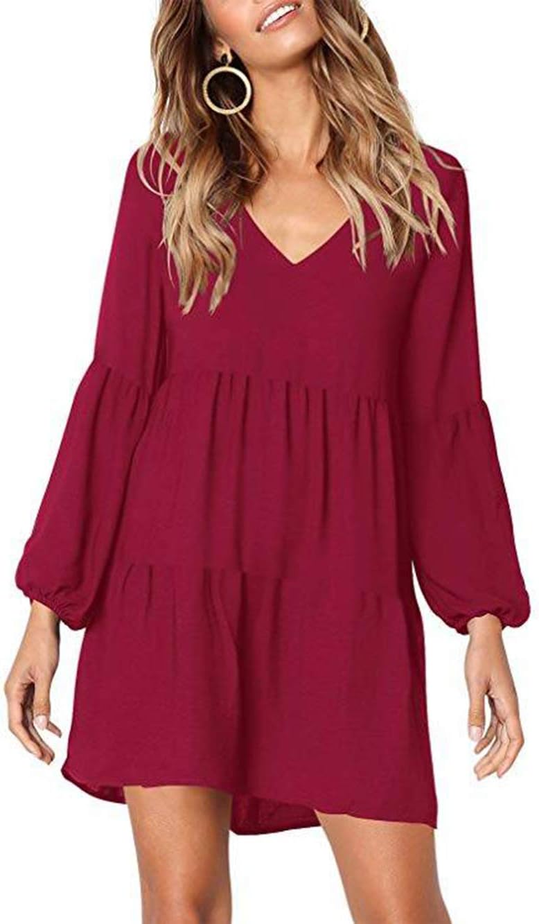 OQC Women's Long Sleeve Tunic Dress Casual V Neck Ruffle Loose Pleated Swing Shift Dress Red