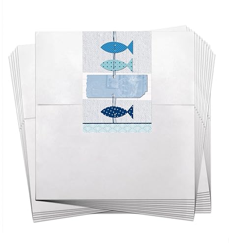 25 kleine weiße Geschenktüten Papiertüten Geburtstagstüten 13 x 18 + 2 cm Lasche + mit AufkleberDREI BLAU WEISSE Türkise FISC
