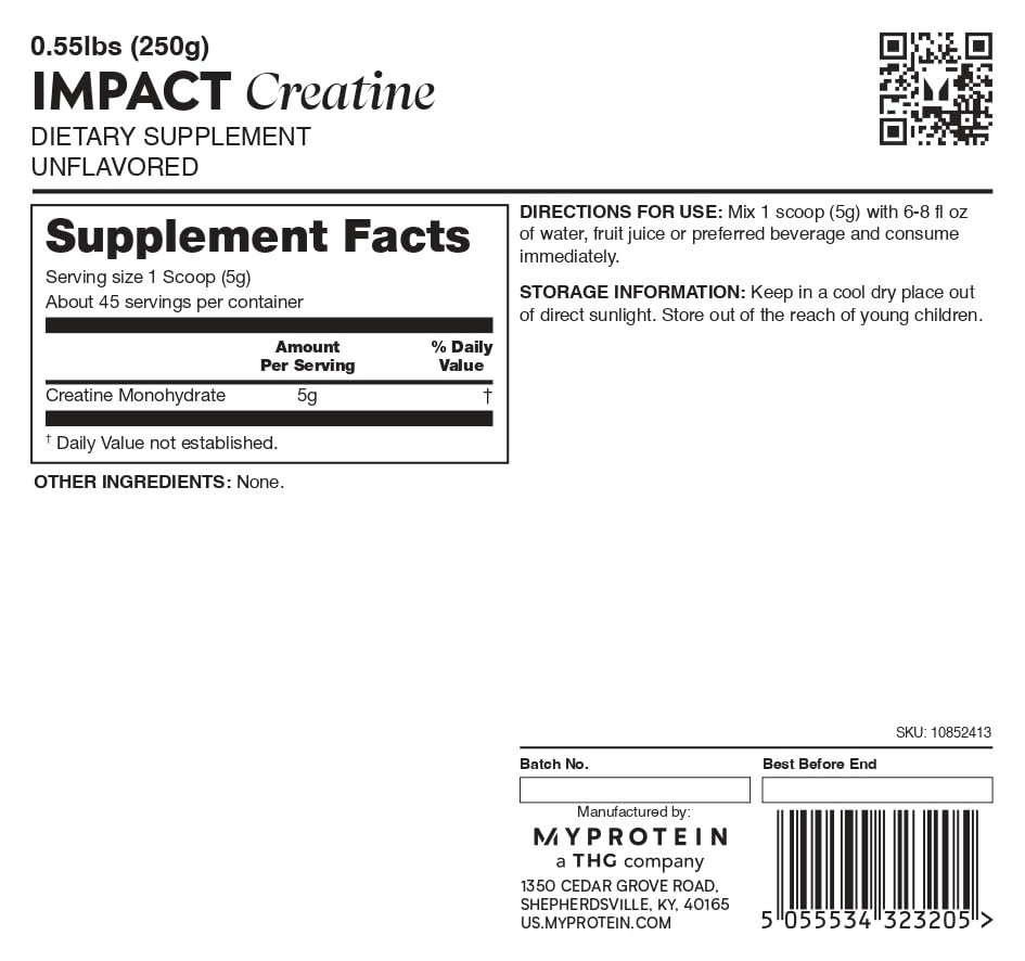 Myprotein Creatine Monohydrate Powder, 0.5 Lb (50 Servings) Pure Unflavored Creatine Powder, Post/Pre Workout Supplement for All Sports & Exercises