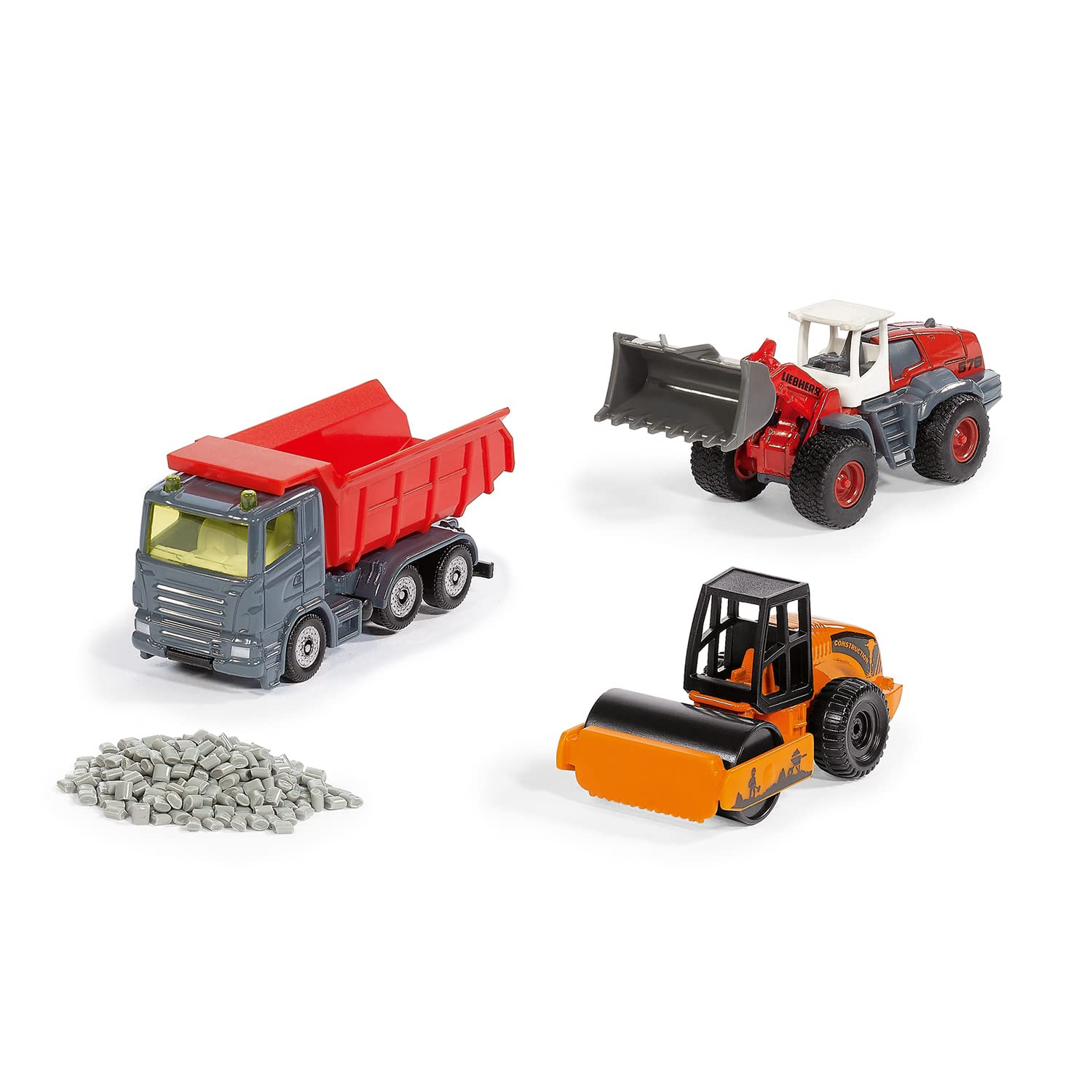 siku 6329, Road Construction Gift Set, Dump Truck, Liebherr Wheeled Loader, Road Roller, Movable parts, Incl. Granules