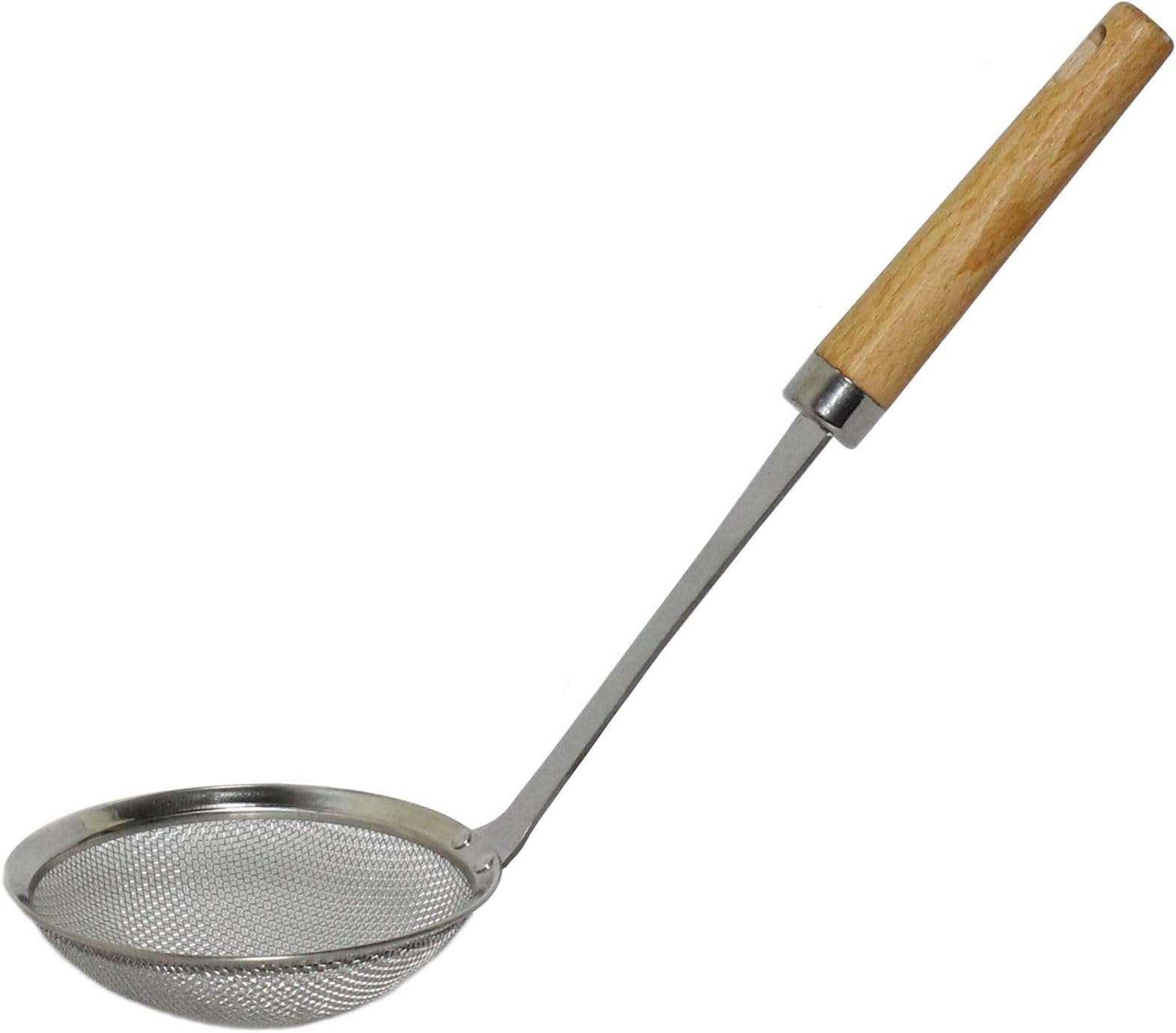 Premium Stainless Steel Spider Strainer with Natural Wooden Handle, Spider Mesh Basket for Cooking, Wire Skimmer with Spiral Mesh, Professional Grade Handle Skimmer Spoon, Ladle for Spaetzle, Pasta