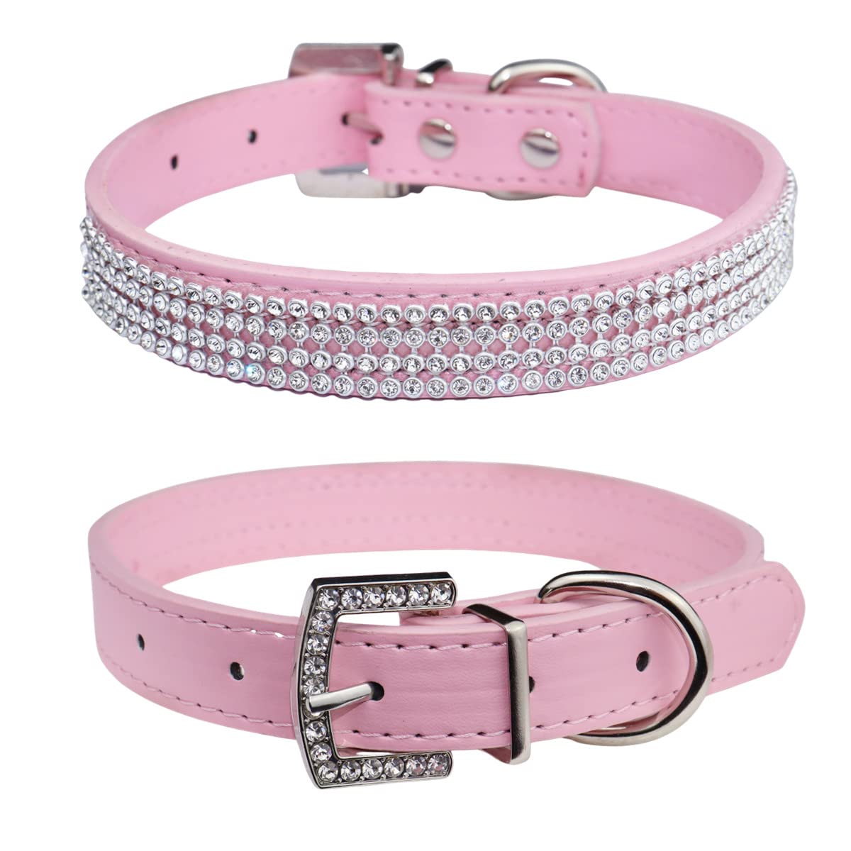 Photo 1 of THAIN Basic Adjustable Dog Cat Collar Bling Rhinestones Shing Diamonds PU Leather with Rhinestones Buckle (M(Length 12"-15"), Pink)