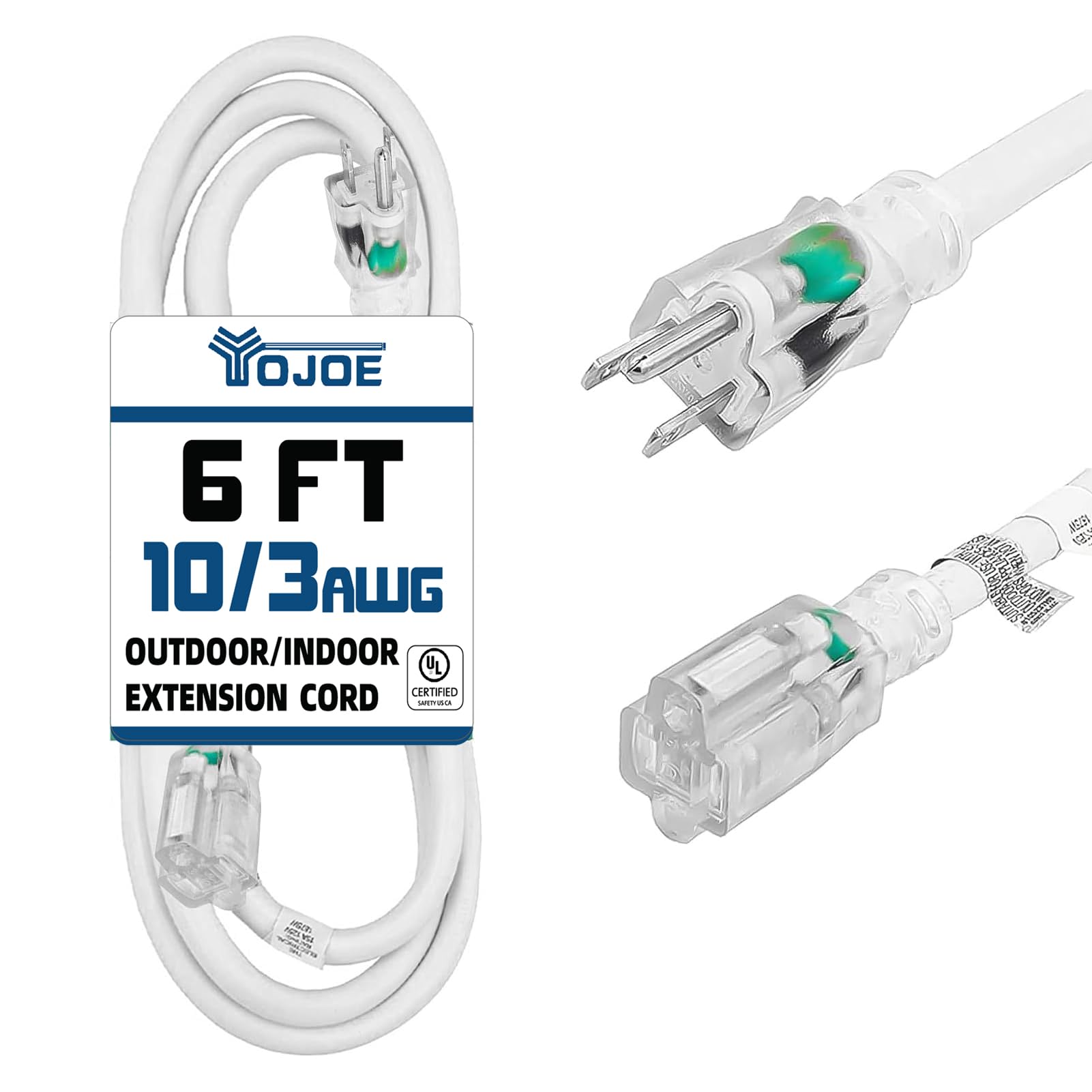 Photo 1 of YOJOE Indoor Outdoor Extension Cord with Lighted End, 3 Prong 15A Weatherproof Power Cord, 10 Gauge Heavy Duty 6 ft White Extension Cord for Garage, Garden and Home, 10/3 SJTW UL Listed