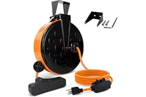 EP 30 Ft Retractable Extension Cord Reel, 16/3 SJTW Power Cord with 3 Electrical Outlets, Ceiling or Wall Mount, 10 Amp Circuit Breaker, Metal Plate, UL Listed, Orange