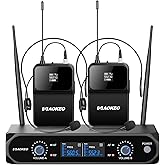 AOKEO Wireless Microphone System,Metal Wireless Mic Set with Bodypack/Headset,2 x 30 UHF Frequencies, Cordless Mic for Singing, Karaoke,Church