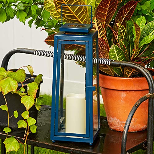 Blue Outdoor Candle Lantern 15 Inch Tall, Solar Powered, Navy Metal with Glass, Waterproof