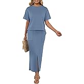 GRECERELLE Women Summer Casual 2 Piece Sets Crew-Neck Wrinkle-Free Top & Elastic Waist Maxi Front Slit Skirt with Pockets