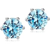 DAYBYDAY 925 Sterling Silver Birthstone Earrings for Women, Crystal Stud Earrings, 6.5mm Round Cut Solitaire Gemstone Earrings Birthday Jewelry
