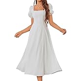 VKIHOC Women 2024 Summer Square Neck Puff Sleeve Smocked Midi Dress Flowy A Line Ruffle Casual Dresses