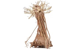 Bonsai Driftwood Mini Aquarium Tree on Rock RM (6 Inch Height) Natural, Handcrafted Fish Tank Decoration | Easy to Install