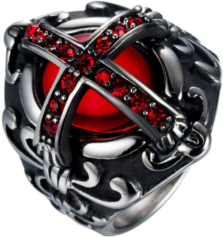 Men's Stainless Steel Vintage Ruby Red Gemstone Cross Rings Silver Black Gothic Biker Wedding Band