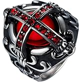 JIPSJICI Men's Stainless Steel Vintage Ruby Stone Cross Ring Silver Black Gothic Biker Signet Rings