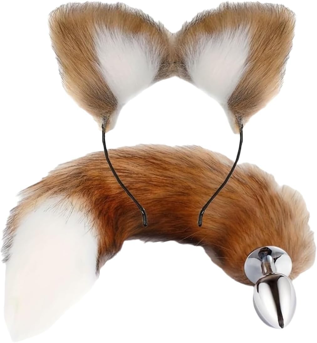 Ceciley Wolf Fox Furry Tail Plug and Ears Headband Animal Costume Fancy Dress Halloween Adjustable Faux Fur Tail and Ears (Camel)