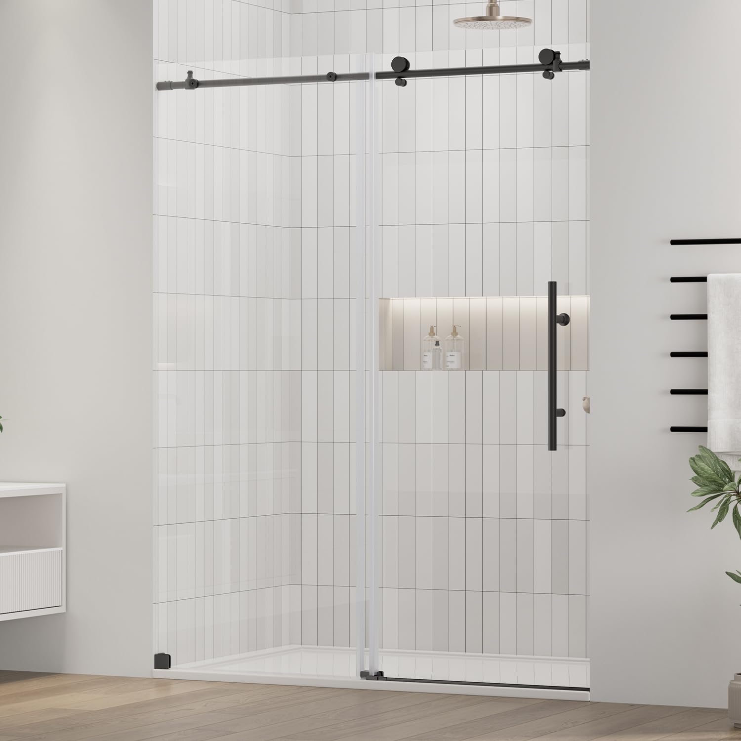 View 1 of ***This item is used; it is unknown if it is missing parts and if it functions 100%.****DELAVIN 56-59" W x 72" H Frameless Glass Shower Door, Smooth Sliding Shower Doors with 5/16" Tempered Ultra-Clear Glass, Matte Black Shower Door with Stainless Steel H