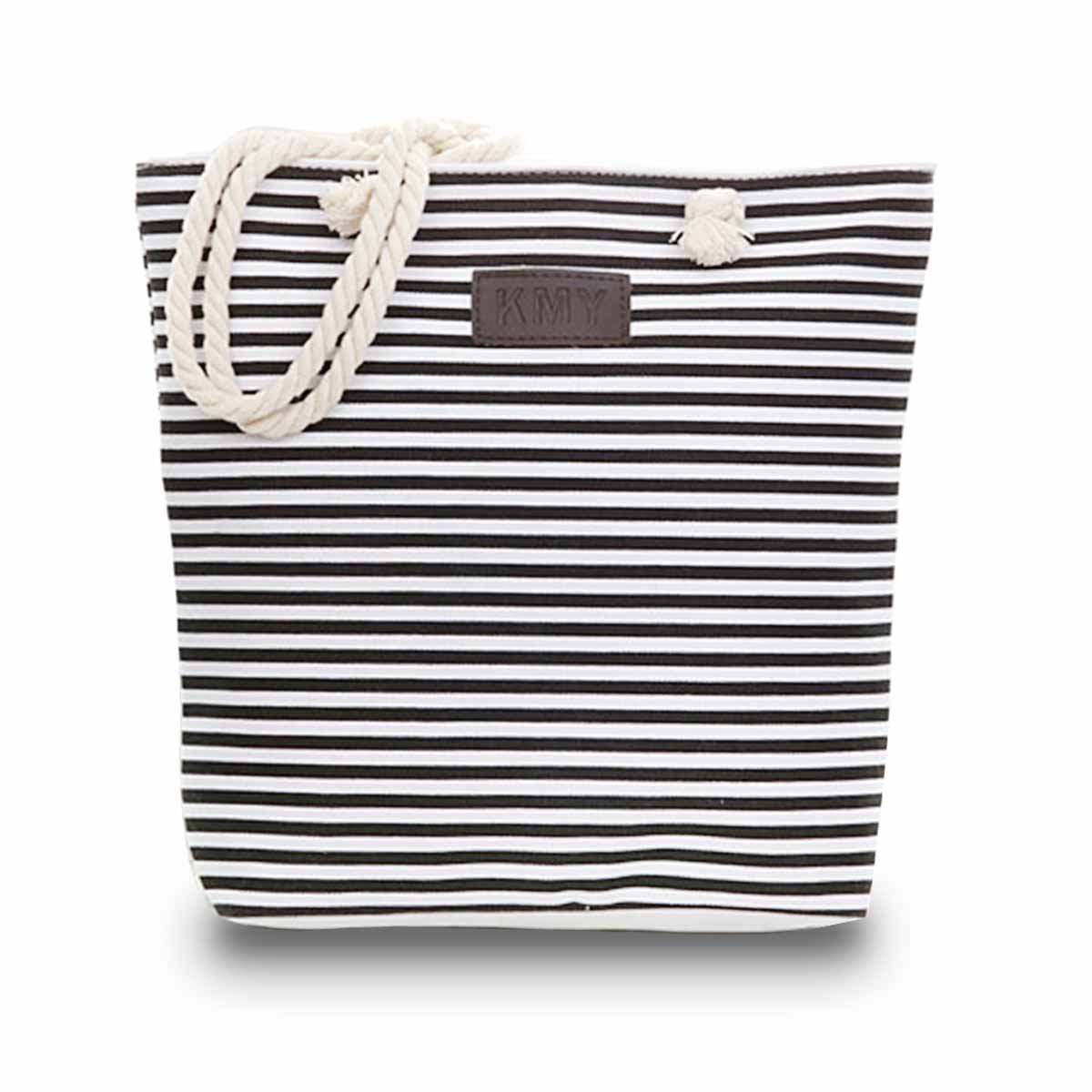 ZhengYue Canvas Travel Tote Bag Oversized Shoulder Bag 13.5 Inch Stripes Holiday Beach Bag Shopping Bag for Womens Large with Zipper and Rope Handle Black